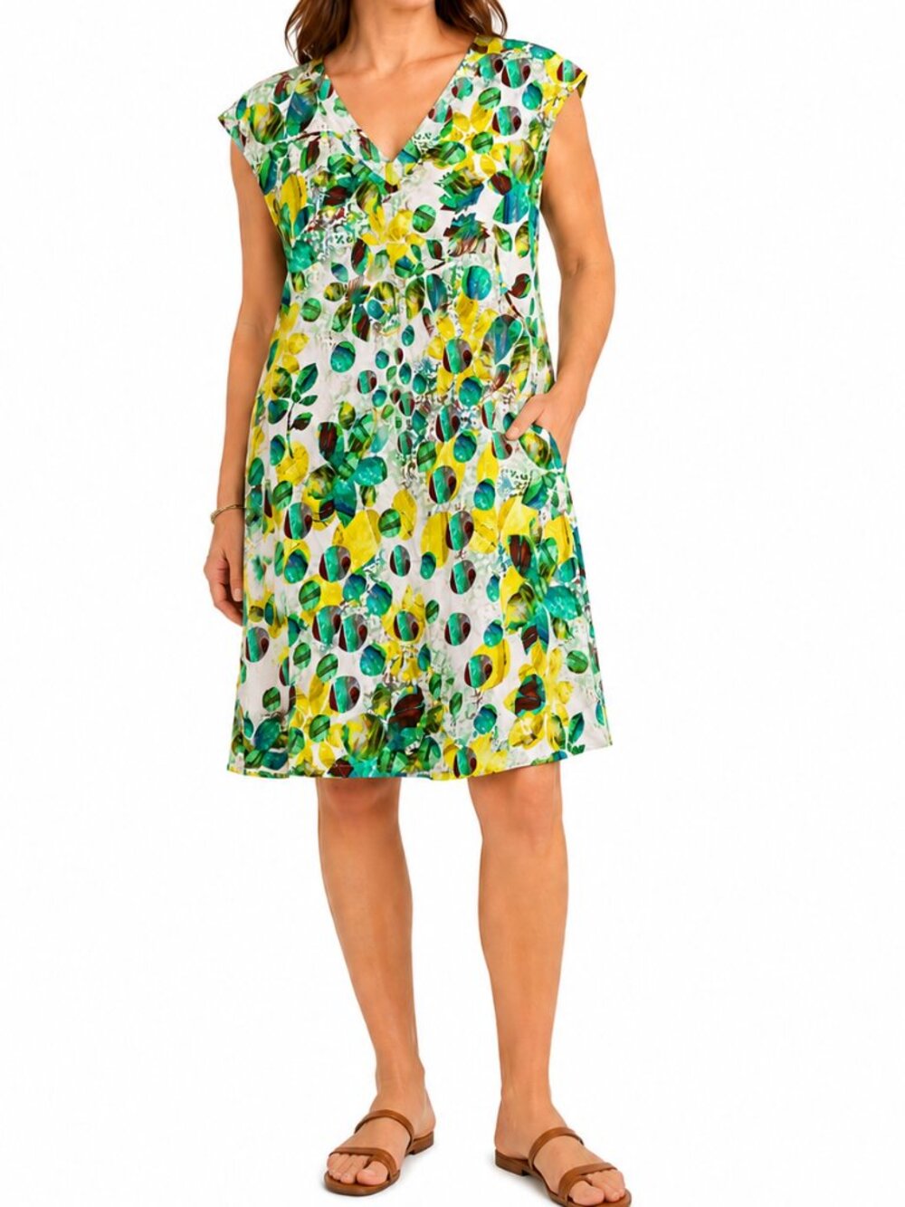 JAMS WORLD 90s Hawaiian Lemon Drop Shift Dress Small Above Knee V-Neck Vintage